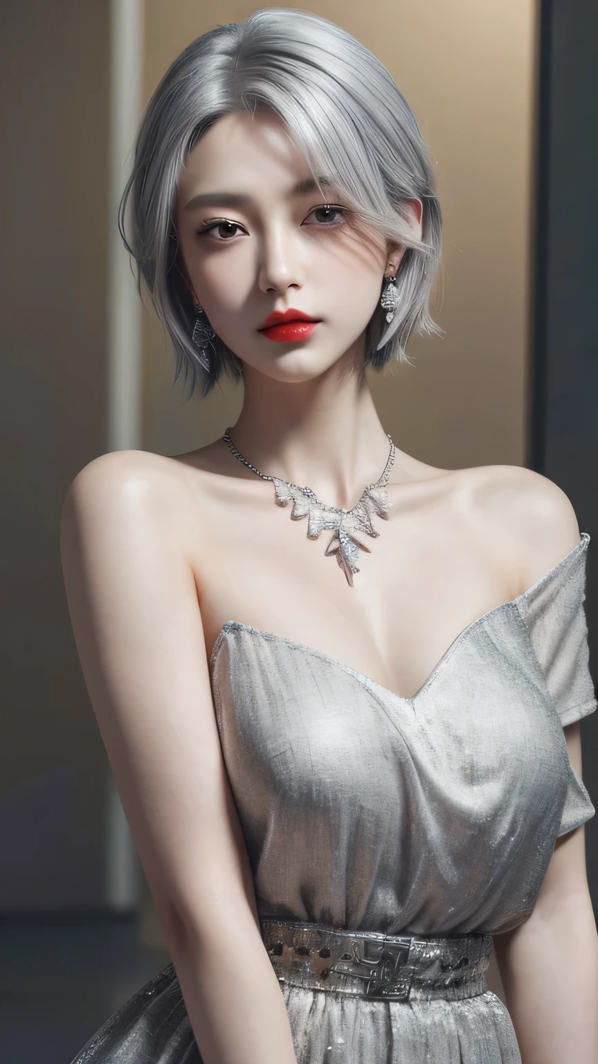 very cool,One person,jewelry,Multicolored Hair,Silver Hair,Gray Hair,alone,necklace,short hair,whole body,Earrings,Red lips,avert your eyes,Exposing shoulders,Look to the side,compensate,lipstick,, Highest quality , masterpiece, figure, Very delicate and beautiful, Very detailed ,CG,Unity,8k wallpaper, wonderful, In detail, masterpiece, Highest quality,Official Art,Very detailed CG Unity 8k wallpaper,Absurd, incredibly Absurd, Large file size , Very detailed, High resolution, Very detailed,Beautiful detailed, Very detailed eyes and face, Beautiful attention to detail,Light on the face,