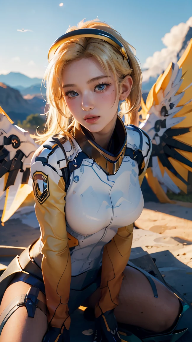 1girl, solo, mercy (overwatch), mechanical halo, breasts, blue eyes, blonde hair, pantyhose, mechanical wings, wings, halo,  holding, bodysuit,  yellow wings, brown pantyhose, lips, gloves, pelvic curtain, black gloves, big breast, full body, blue sky, green field with mountains, (realism:1.2), (masterpiece:1.2), (best quality), (ultra detailed), (8k, intricate), (85mm), light particles, lighting, (highly detailed:1.2), (detailed face:1.5), (gradients), sfw, colorful, (detailed eyes:1.2), (detailed background), (rule of third_composition:1.3), (Line of action:1.2), wide shot, daytlight, solo.