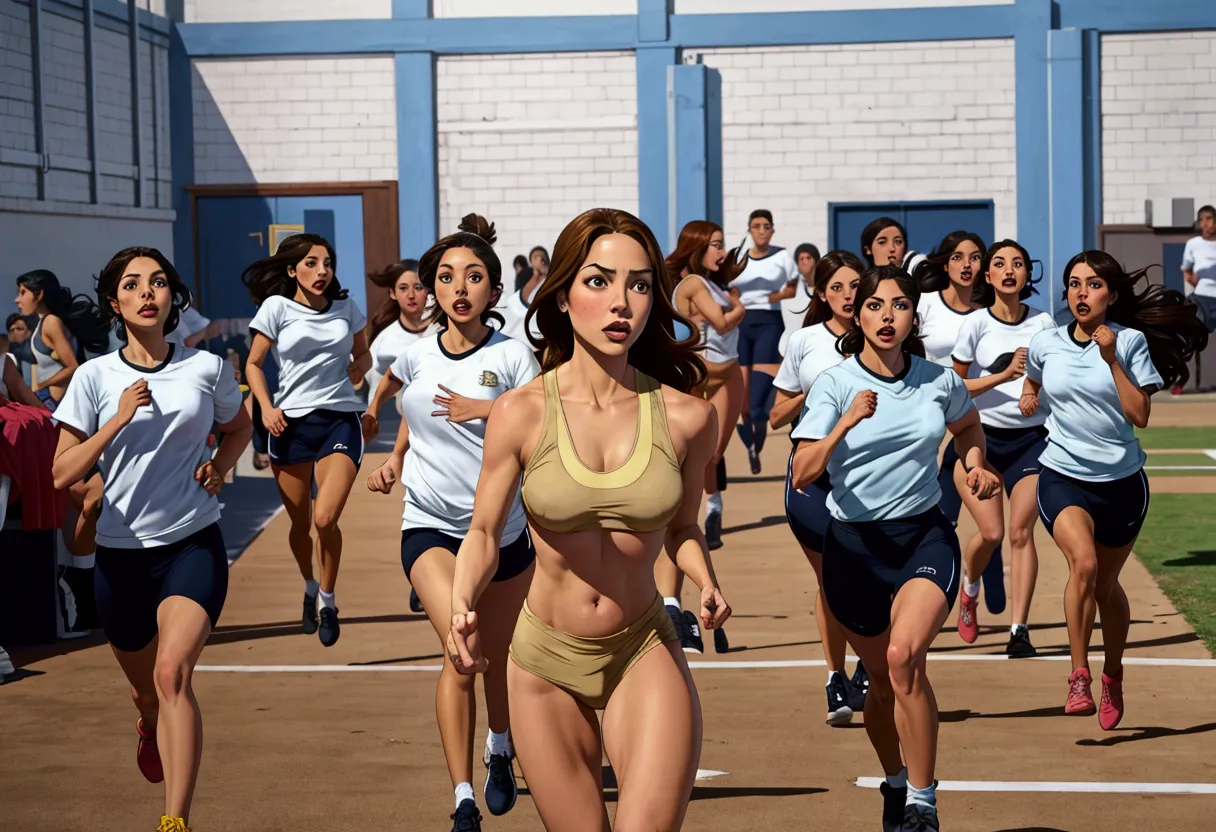 there are many girls running in a race without shirts.., running towards the camera, of a schoolgirl posing, latinas, running to...