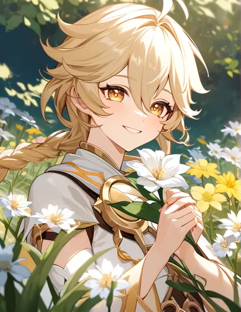 aether (genshin impact) sitting in a field of flowers, smile, day, he hands you a flower, intricate details, high resolution, pe...