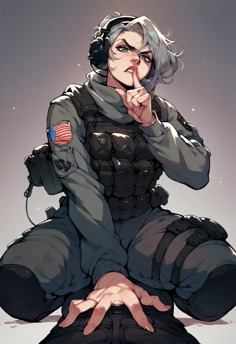 low angle pov, cowgirl position, full body, shushing gesture, finger on mouth, woman special ops in black tactical stealth suit,...