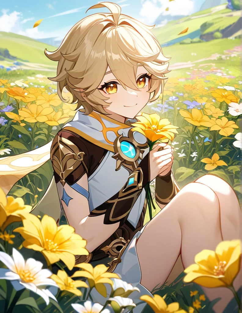 Aether (genshin impact) sitting in a field of flowers, smile, day, he hands you a flower, intricate details, high resolution, perfect anatomy, detailed face, detailed eyes