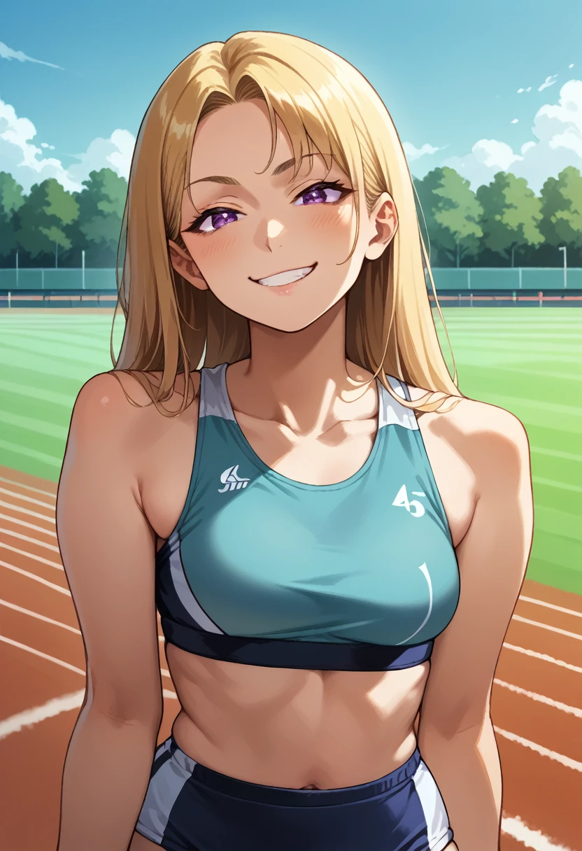 Masterpiece, best quality, 1girl, solo, teen, quarter Japanese, blonde hair, long hair, purple eyes, side parted bangs, short bangs, smile, medium breasts, sports bra, buruma, outdoors, track and field, smug