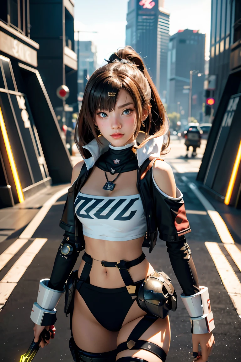 game art，Best picture quality，highest resolution，8ก，((half length photograph))，((Portrait))，(Third rule)，Unreal Engine 5 rendering works， (future girl)，(Female warrior)， 22 year old young hacker)，(ancient oriental hairstyle)，(Beautiful eyes full of details)，(big breasts)，(eyelid)，elegant and charming，indifferent，((frown))，(A battle suit filled with futuristic technology.，The outfit combines futuristic power armor and，The clothes are decorated with glittering patterns and symbols.)，Cyberpunk characters，In the form of the future， Posing for pictures，city background，lamp，Ray Tracing，CG game，((Real 3D engine))，OC rendering format