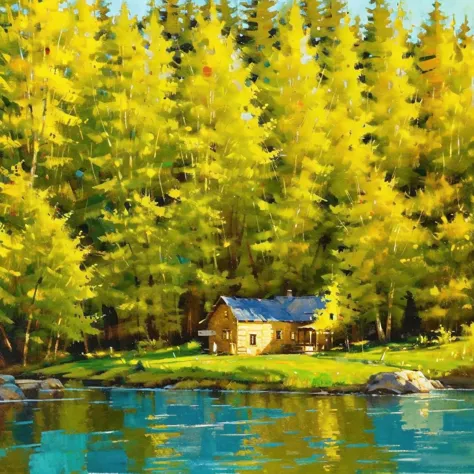 a cottage made of wood in a sunny day, beside a river in a forest