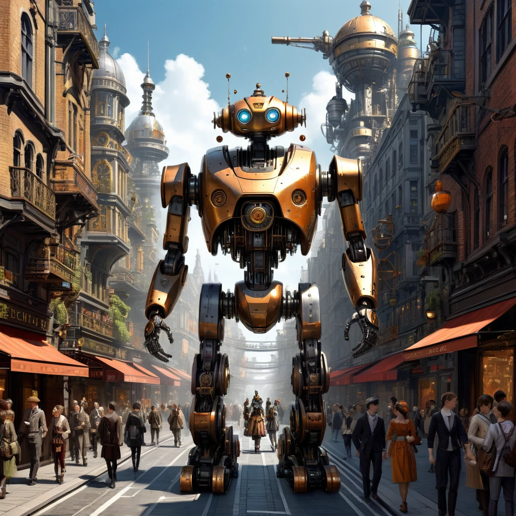 Landscape painting,A futuristic city where robots and humans live together,busy street,Shopping Street,lively cityscape,Walking mechanism robot:humanoid,human:16th century costume,Steampunk element,Mechanical engineering,Mechanically,Mechanical,intricate details,very fine,High resolution,high quality,最high quality,clearly,Be clear,beautiful light and shadow,Three dimensions,complex configuration,mechanism,dynamic,16th century london,Select a product,Enjoy watching,structural aesthetics,Mechanical Engine,nice,rendering,metallic luster,happy person々,anatomically correct

