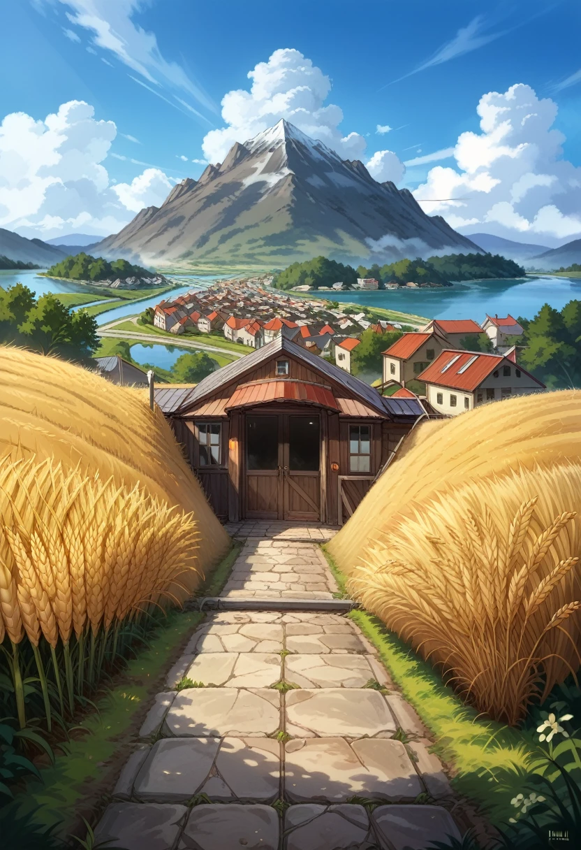 (((Highest quality))), High saturation, clear, reasonable structure, Manga style, architecture, bridge, construction, city, chimney, cloud, cloudy_null, Day, Fantasy, door, Grass, Home, Mountain, no_human, outdoor, river, landscape, null, Day没, wood, window, wheat field, wheat, JK&#39;s Country, smile, cute, Blue Skirt, White top  