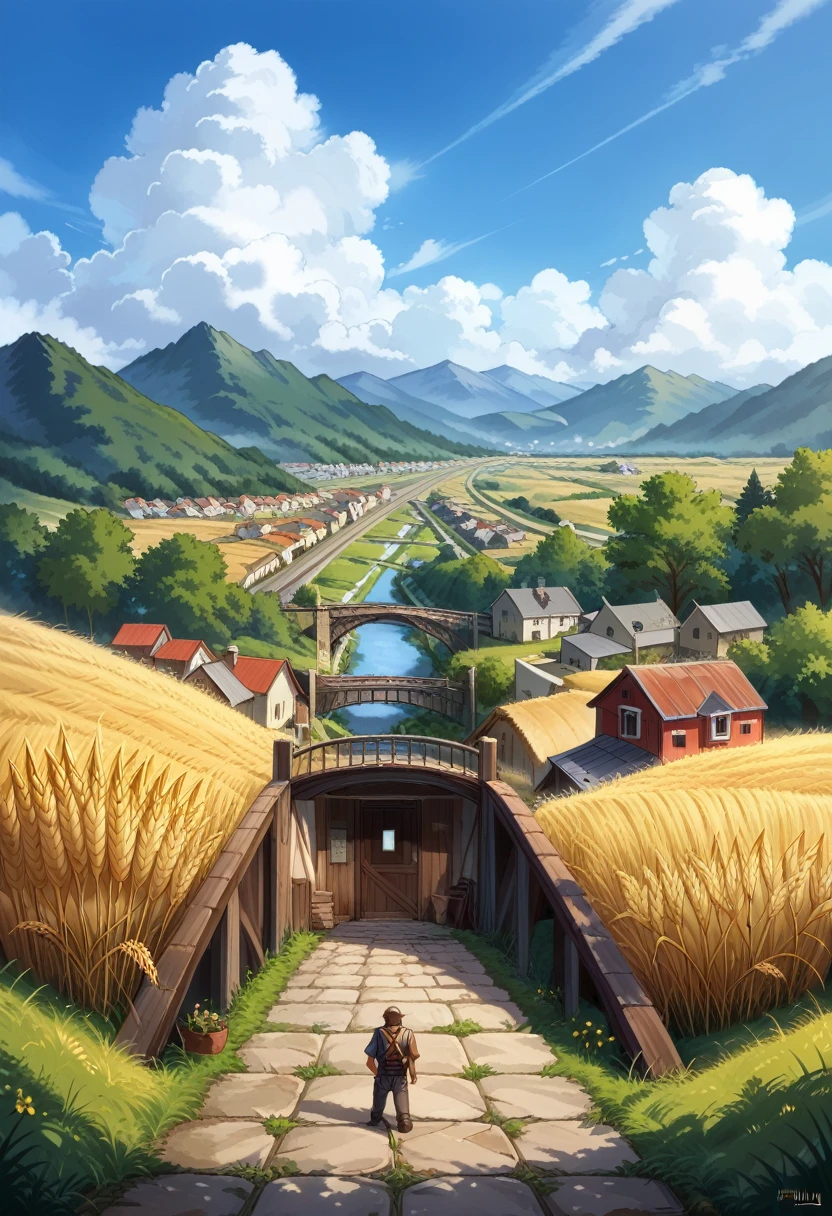 (((Highest quality))), High saturation, clear, reasonable structure, Manga style, architecture, bridge, construction, city, chimney, cloud, cloudy_null, Day, Fantasy, door, Grass, Home, Mountain, no_human, outdoor, river, landscape, null, Day没, wood, window, wheat field, wheat, JK&#39;s Country, smile, cute, Blue Skirt, White top  