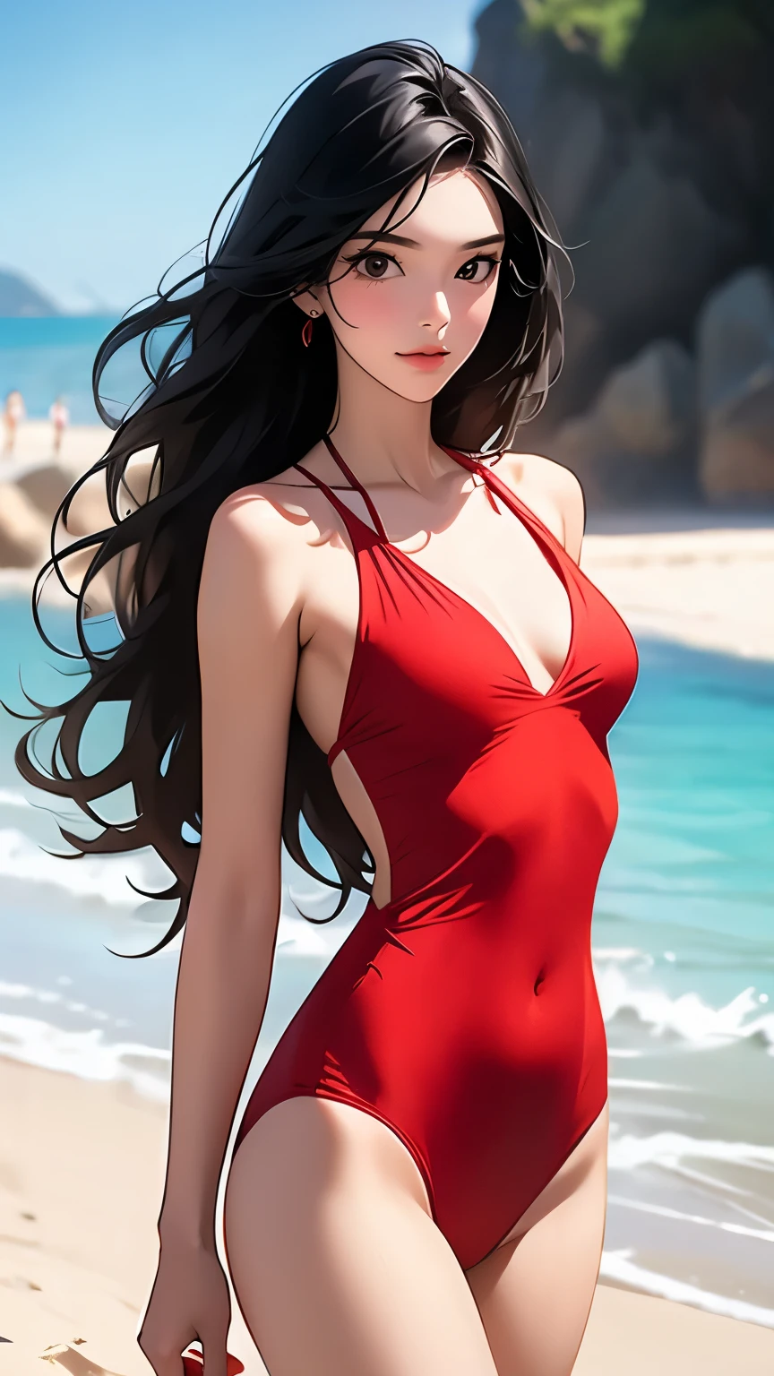 tall, flat-chested, in a red swimsuit on the beach site , Saradia, long black hair.