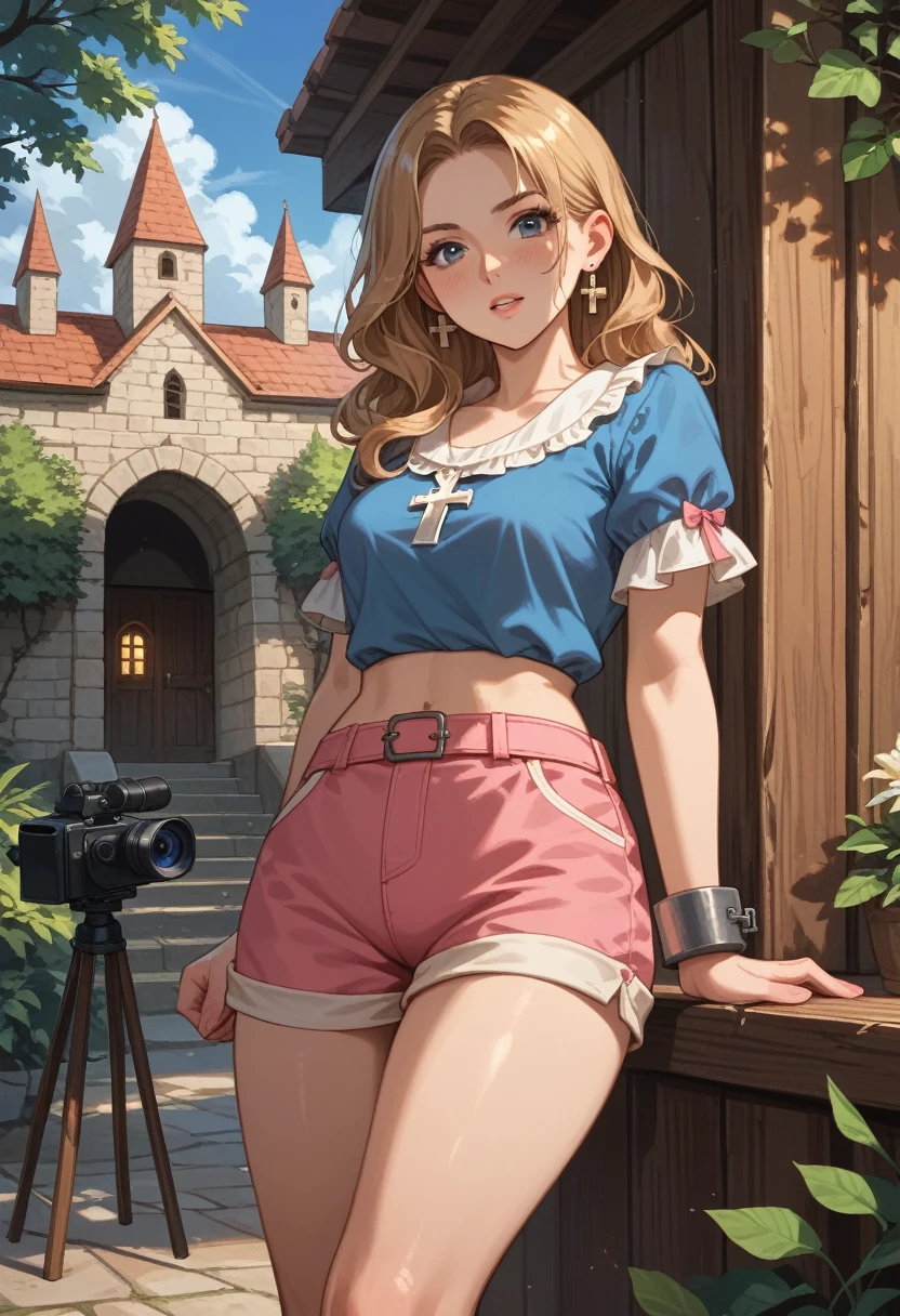 A young woman in a medieval setting is bound in a spread-eagle position on a large wooden cross-shaped frame. She is wearing a light, short-sleeved blouse and pink shorts. Her wrists and ankles are shackled with iron cuffs attached to the frame. The setting appears to be an old, sunlit courtyard with stone statues in the background, casting dramatic shadows. The expression on her face is a mix of determination and vulnerability. The scene is detailed with realistic lighting and intricate textures on the wooden frame and stone surroundings