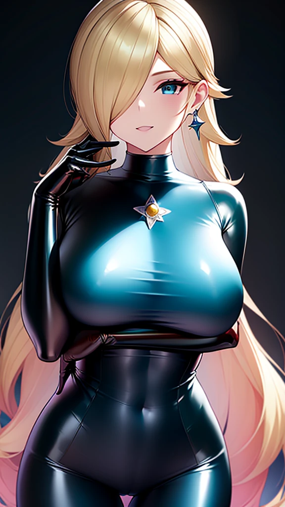 erotic、Rosalina、Blonde、tall、 mature, Married women, Shiny blue latex rubber suit、turtleneck、邪evilな女戦闘員, Pink and black background, Pitch-dark bedroom, Dark Theme, evil, lure, excited, A condescending grin, Lightly open your mouth、Sexy pose, Upper Body,