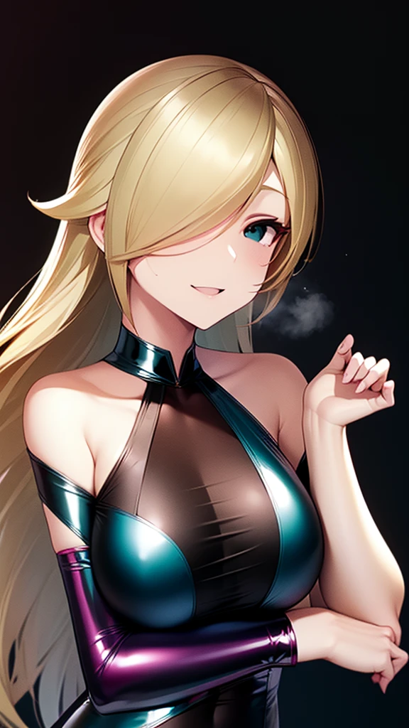 erotic、Rosalina、Blonde、tall、 mature, Married women, Shiny teal latex one-piece swimsuit、Off the shoulder、邪evilな女戦闘員, Pink and black background, Pitch-dark bedroom, Dark Theme, evil, lure, excited, A condescending grin, Lightly open your mouth、Sexy pose, Upper Body,