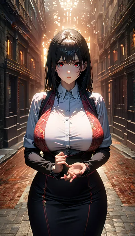 1women,(long black hair),(big breast),(white shirt),(tight skirt),(red eyes),(expressionless face),((patient school),(stick in h...