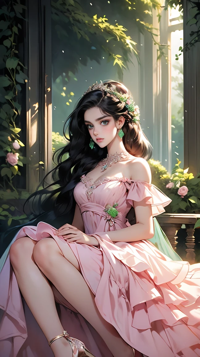 (masterpiece, best quality, high resolution, very detailed),(Beautiful and aesthetically pleasing.:1.2), (1 woman), adult, perfect body, wavy black hair, ((green eyes)), Detailed eyes and face, (saturated_body), Festival Beautiful Spring Light Airy Dress,  (pastel pink and blue dress), delicate spring dress, high heel, Soft and feminine image, deer, various colors, 