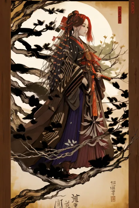 (highest quality:1.2)。nocturnal ghosts。one woman。a crow disguised as a young and beautiful woman。karasutengu。kimono。samurai armo...