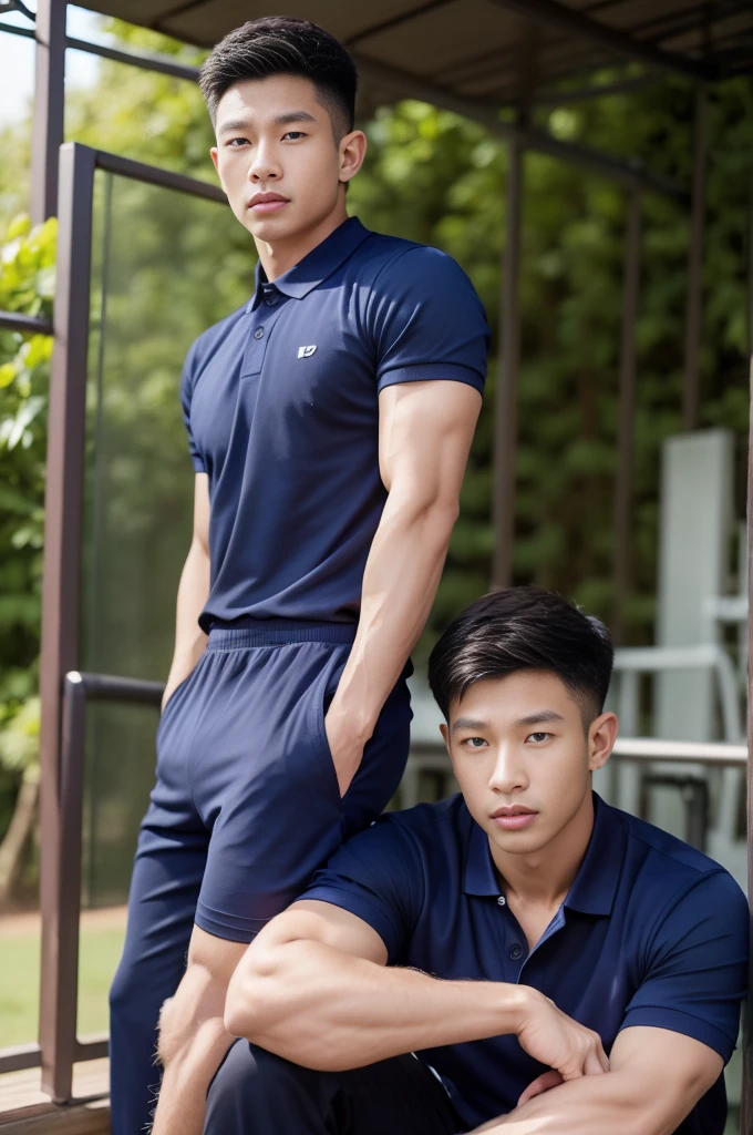 Asian people、man、25 years old、 (polo shirt:1.2), (Navy blue shirt:1.2)、 black pants、manเท่、Have muscles、eye、Short description I come and go、large size、、Fitness Trainer、