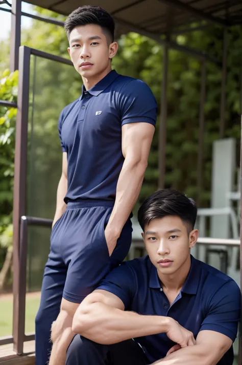 asian people、man、25 years old、 (polo shirt:1.2), (navy blue shirt:1.2)、 black pants、manเท่、have muscles、eye、short description i ...