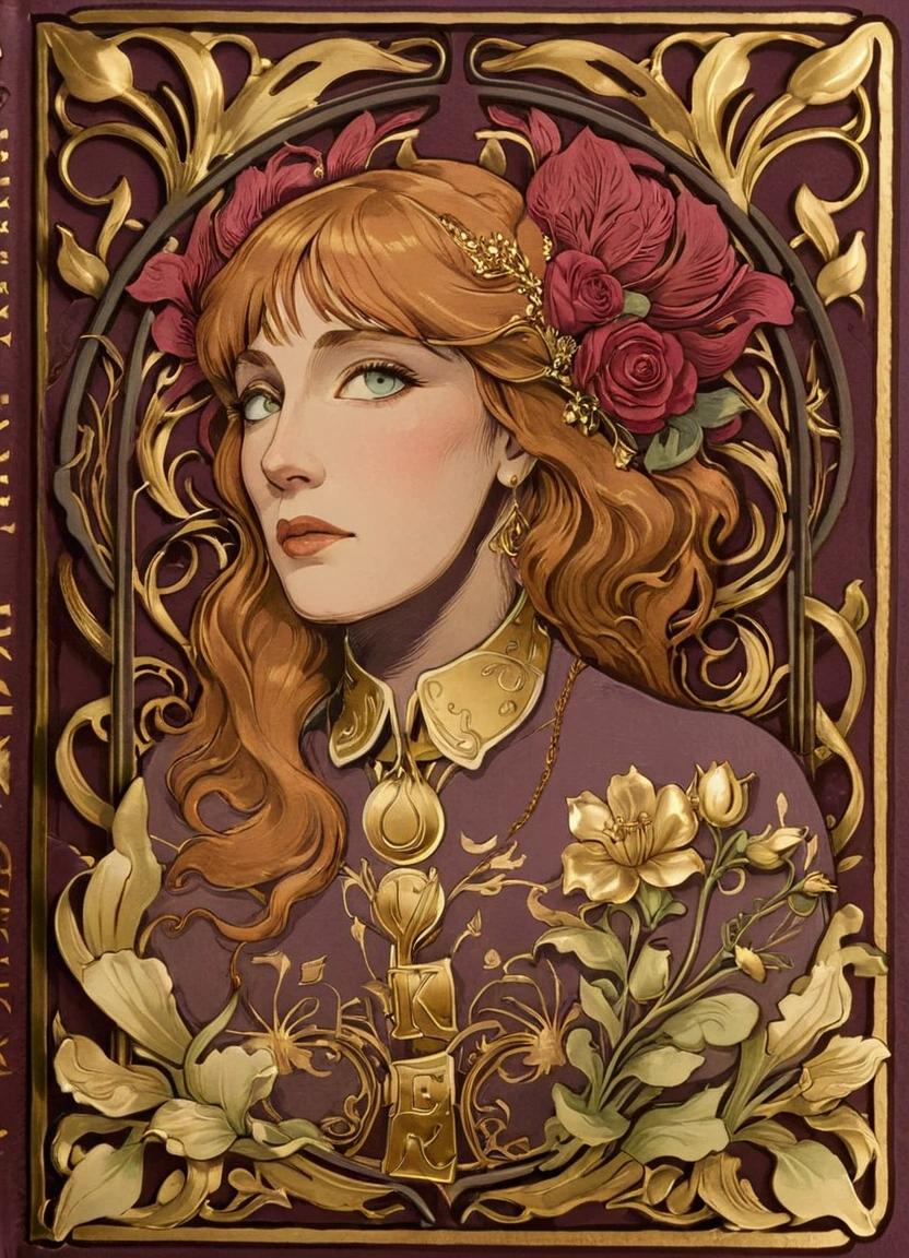 a close up of a book with gold foil on it, romance book cover style, romance book cover, inspired by book cover, art nouveau aesthetic, inspired vintage