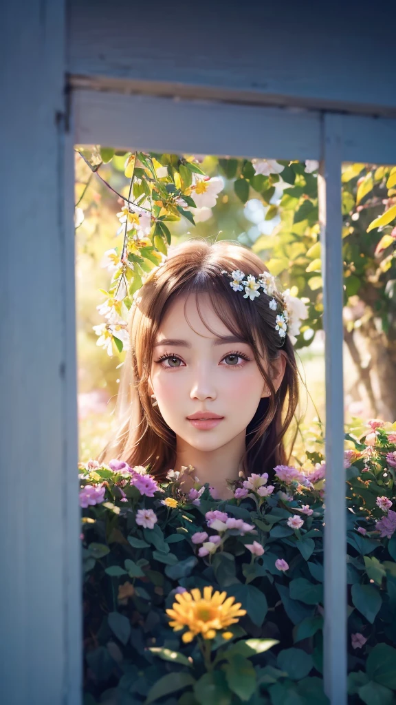  (((sfw:1.5)))、A girl in a garden, transparent, blending into the background, medium:oil painting, detailed eyes, detailed lips, extremely detailed face, long eyelashes, natural beauty, peaceful atmosphere, floral surroundings, soft sunlight, warm color tones, highres, vivid colors, bokeh、