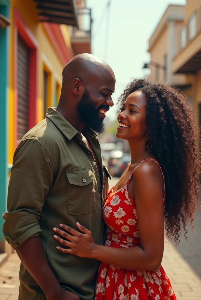 a Black man, angolan, Cao Cao, bonitas, bald man with beard, with his black wife with long wavy hair/curlies, with light brown eyes, with a beautiful body and a wonderful smile, woman resembling actress mellmuzzillo. 