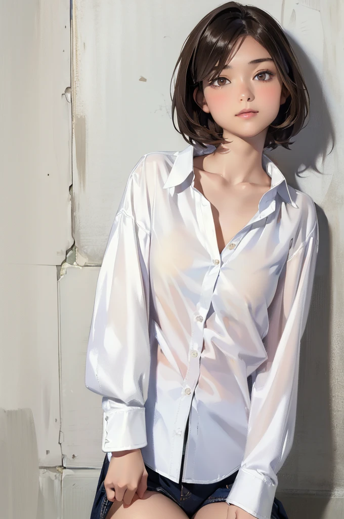 High Definition, Beautiful Japanese Idol Teenage Girl with Dark Hair, Dark Beautiful Droopy Eyes, ((Very Short Hair)), Silk Skin, Blush, Bashful Face, Photorealistic, Portrait, Masterpiece Painting, One Woman (White Shirt:1.5), Flat Breasts, 8K, Leaning Against White Wall, Shadow, High Contrast