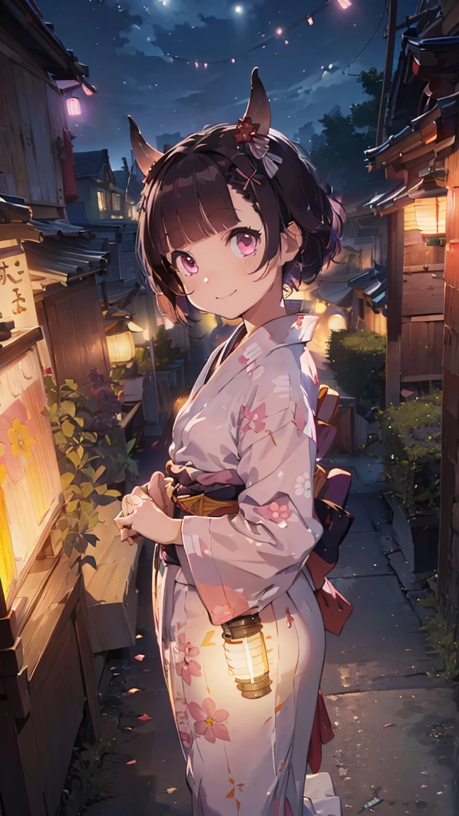 masterpiece, Highest quality, High resolution, Very detailed,(((Nishino Flower))), (((smile)))、(((Standing in the distance))), (((yukata))), (((rooftop))), (((Red railing))), (((Lantern))), (((night))), (((Multicolored Hair))), (((horn))), (((Pink Eyes)))