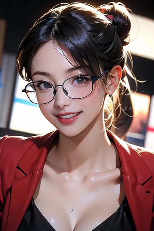 (8K、Raw photography、top-quality、​masterpiece:1.2)、(realisitic、Photorealsitic:1.37)、ultra-detailliert、超A high resolution、 1 人、20yr old、see the beholder、beautifull detailed face、A smile with a little visible teeth、Constriction、(Slim waist) :1.3)、((Blazer))、Beautiful detailed skin、Skin Texture、Floating hair、((Hair bunched into one))、large breasts with good shape、Professional Lighting、Autumn twilight、book library、(((Black square glasses )))、Whole human body、Black hair、((Shameful appearance))、Accept books、gigantic breasts,