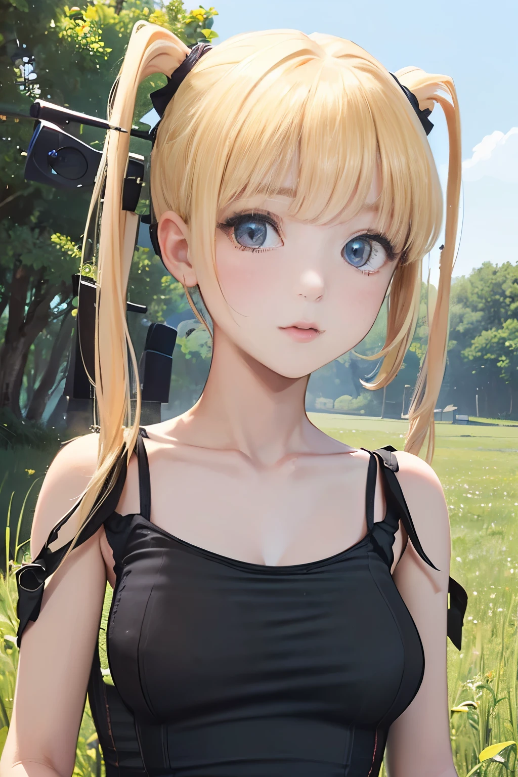 masterpiece，High resolution，Highest quality，In the grassland, (Portrait), Upper body photo, Cute Face，((Facing forward))、Blonde、((Shooting from the front:1.5)), ((tight black camisole:1.5)), ((Big Breasts:1.2)), See-through nipples