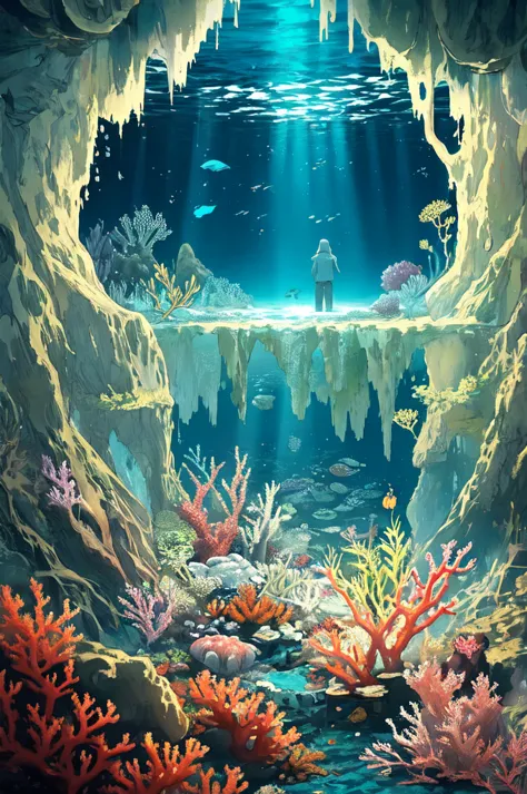 underwater abyss, bioluminescent sea life, dark ocean depths, glowing coral reefs, mysterious creatures, deep blues, neon greens...