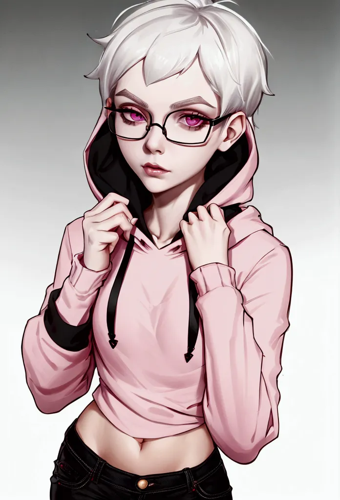 ((best quality))(more detailed)(best face)(best anatomy)(best hands)1 girl,short white hair, pale white skin, pink glasses with ...