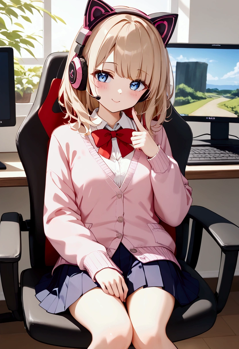 Highest quality, High resolution, masterpiece:1.2, Very detailed, woman１people、cute、Small breasts、(blouse)、Pleated skirt、Red ribbon、Beige hair、Very young、(Pink Cardigan)、Straight medium hair、Cat ear headphones、((computer))、((smartphone))、Sit on a chair、Broadcasting、headset