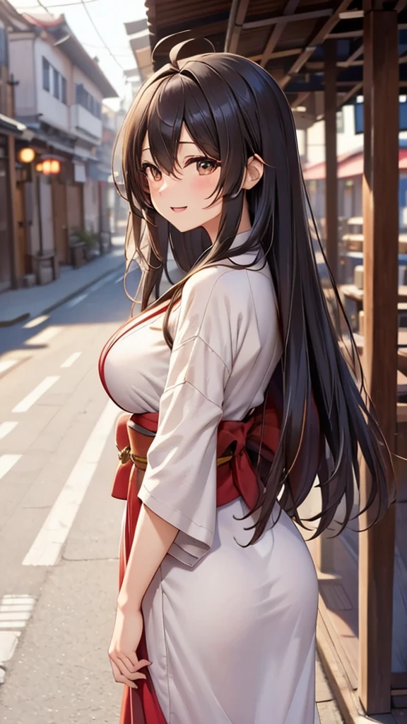 High resolution, masterpiece, Textured skin, Very long hair, Ahoge, Colorful Hair, Parted bangs, Hair blowing in the wind, Large Breasts, smile, Open your mouth a little, Back view, Character portrait, A cityscape like Jiufen,A dress like a kimono,Overlooking, 