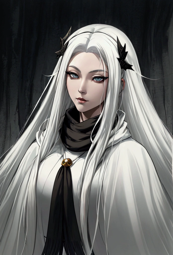 Close-up of a woman with white hair and a black scarf, Ian Jay character portrait, Pixiv competition winner, fantasy art, white-haired deity, Beautiful character art, artwork in the style of Gouvez, Yuki-onna&#39;s piercing gaze, Gouvez, with white long hair, with long white hair, flowing hair and long robes