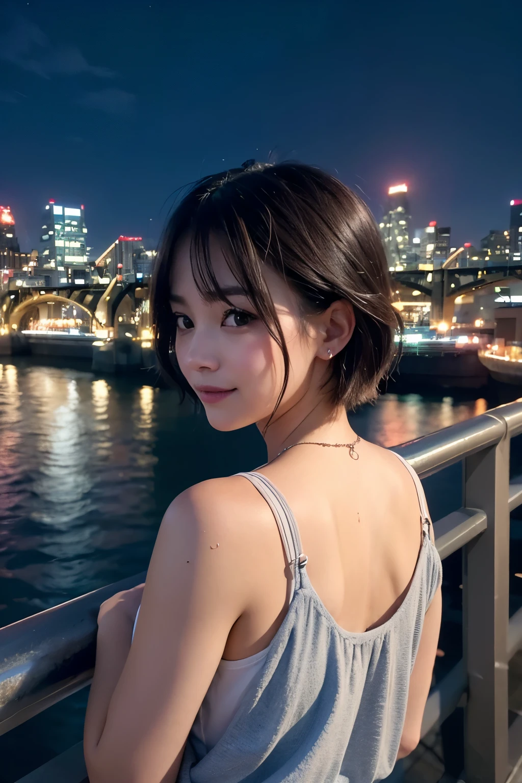 8k, RAW Photo, Best Quality, Masterpiece, Realistic, PhotoRealistic, Extremely Detailed 8k Wallpaper, Beautifully Detailed Eyes, Finely Detailed Face, 
 BREAK 
Professional Lighting, 
 BREAK 
(((s-bridge + building + city lights + cityscape + scenery + s-river + twilight + bluesky:1.7))), 
Perfectly Anatomically Correct:1.4, 
 BREAK 
1 Girl, 
Very Short Hair Bun:1.2, Symmetrical Clear Eyes:1.1, Captivating Eye Reflections:1.1, 
(Kawaii), [Japanese], Wide-Set Eyes, Big Eyes, tareme, (White Skinned), Embarrassed, Blush, 17-Year-Old, 
(Round Face, Round Chin:1.2), Wet Hair, Messy Hair, Open Mouse Slightly, [Pouted Cheek], 
Light Smiling, 
Random SHIMAMURA Trendy Clothes, 
Looking Back Viewer, 
 BREAK 
SFW:1.0, 
 BREAK 
Long Shot:1.2, Bokeh:1.6