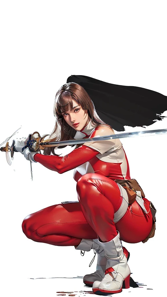 (（（Perfect body,White and tender skin,（（（BodySuit_lady_deadpool_ownwaifu，bodysuit, skin tight, superhero, Belt Pouch, utility belt, red bodysuit, gloves, weapon on back, thigh pouch, thigh strap, thigh holster, belt buckle, turtleneck, ）））,（（（ailisha，Black long hair, super long hair, slanted bangs, brown eyes, red lips））），((masterpiece)),high resolution, ((Best quality at best)),masterpiece,quality,Best quality,（（（ Exquisite facial features,Looking at the audience,There is light in the eyes,Smile））），whole body, Crouch and swing the sword, Hold the sword correctly）））,（（（Light and shadow,Huge breasts，）））,（（（Looking at the camera,White background,)））)