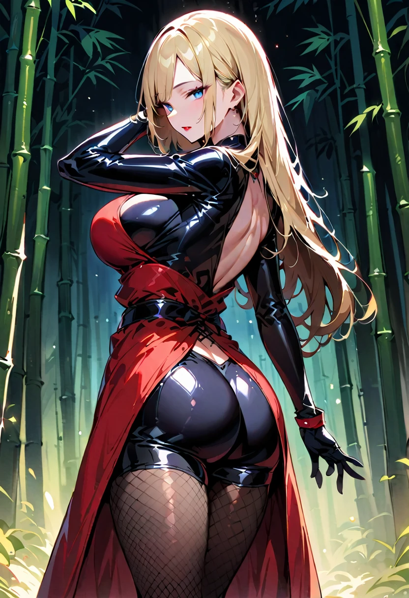 1 young beautiful woman,(Highest quality,Extremely detailed depiction,Incredibly absurd high resolution,Anatomically accurate depiction,Curvy Legs),(Shiny skin),(Blonde,Pin one side of your hair back,Side Blade,Large Breasts,Black bodysuit,Ninja costume:1.2,Fishnet tightsの腕,Fishnet tights,Cowboy Shot,Model pose,latex),(Blue Eyes,Detailed pupil,Half-closed eyes:1.3,Shadowed face,Glossy red lipstick,Cool look),eyelash,Standing posture,background:bamboo forest:1.5