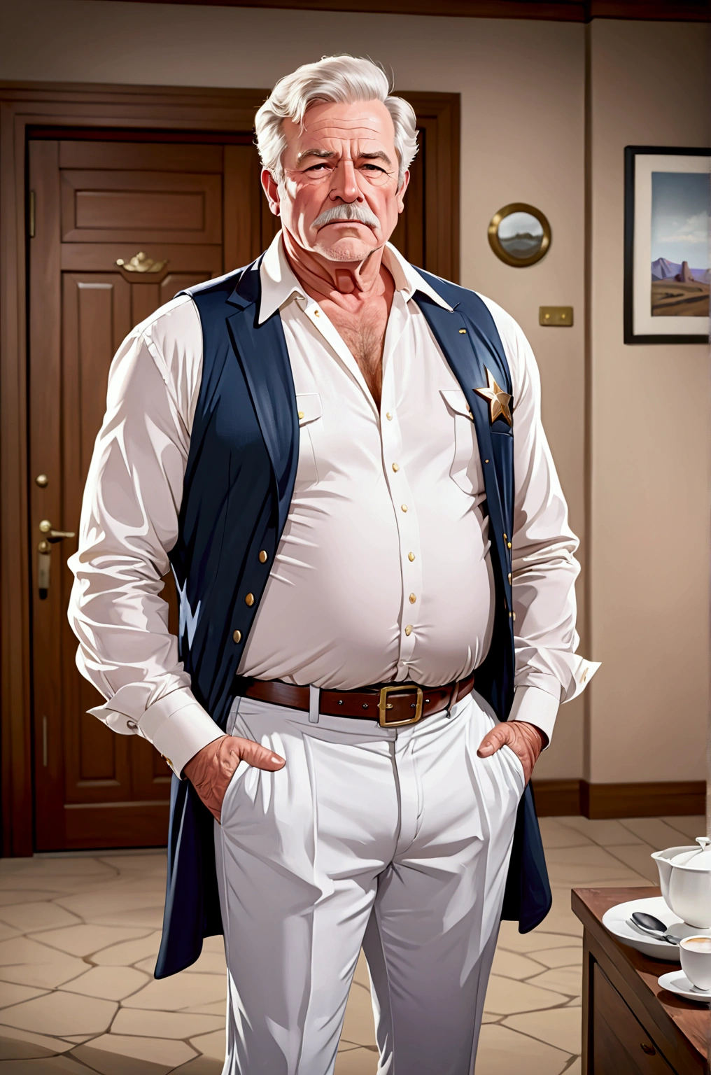 (8K, top-quality, masterpiece: 1.2), (Age: 70, White man, Sheriff), (Disgusting, Horny: 1.1), (Muscular, Chubby: 1.1), (Kind: 1.3), (Shirtless, Mature Daddy), (Dress Pants: 1.3), (Hairy chest, Hard Nipple), (Visible Bulge), (Loafer: 1.2),

Imagine a masterpiece of an image, captured in the highest resolution of 8K, showcasing a white man in his seventies, playing the role of a sheriff