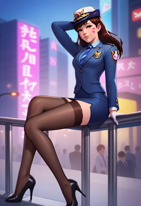 score_9, score_8_up, score_7_up, 1girl, solo focus, officerdva, d.va (overwatch), white gloves, high waisted skirt, bodycon penc...