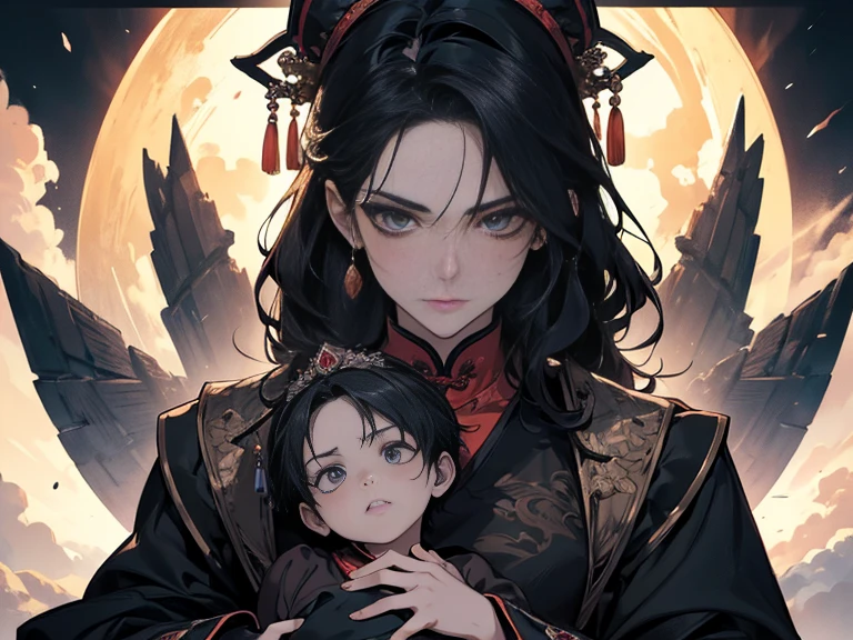 mother and child, hugging, looking at each other, gazing at each other, (mother and child), (boy), (masterpiece, best quality: 1.2), ((solo)), wearing ancient Chinese court clothing, hairpin, hair accessories, delicate facial features, dark tones, black hair, five fingers on each hand, detailed hands, elegant and delicate, moonlight, moon, dungeon, ancient Chinese prison, cage, extreme quality, extremely detailed, ultra detailed face, concept art portrait created by Greg, ultra details, exquisite gothic art, gothic fantasy style, three colors, fantasy, exquisite details, splash screen, complementary colors, fantasy concept art, 8k resolution, masterpiece, professional photography, symmetrical balance, super perspective, looking into the camera