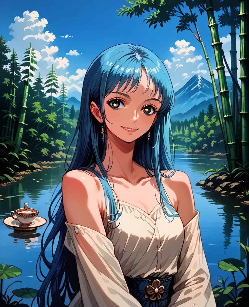 Masterpiece, Best Quality, Official Art, 8k Wallpaper, Very Detailed, Illustration, 1 Girl, Sky Blue Hair, Long Hair, Detailed Eyes, Forrest Gump, Bare Shoulders, Hanfu, Lake, Pure, Soft Smile, bamboo, tea