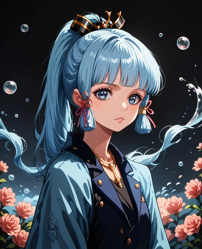 (masterpiece), (best quality), (ultra detailed),(disheveled hair),(illustration), (1girl), (Fashionable clothing), standing, Fashion model, looking at viewer, (interview), (simple background),beautiful detailed eyes, delicate beautiful face, Floating,(high saturation),(colorful splashes),colorful bubble,(shining), focus on face,  ponytail, kamisato ayaka, light blue hair, bangs, hair ring, floating flowers, floating hairs, (shining), best lighting, best shadow,