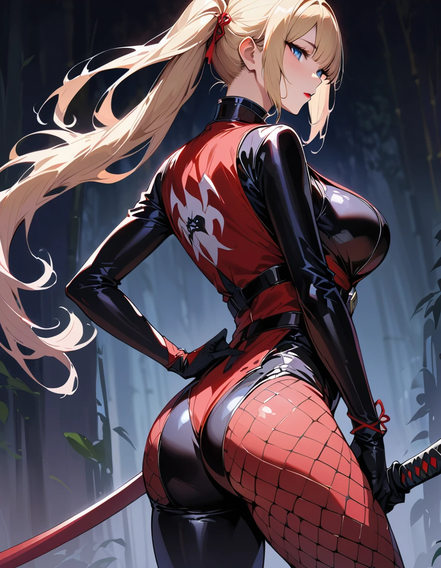 1 young beautiful woman,(Highest quality,Extremely detailed depiction,Incredibly absurd high resolution,Anatomically accurate depiction,Curvy Legs),(Shiny skin),(Blonde,Pin one side of your hair back,Side Blade,Large Breasts,Black bodysuit,Ninja costume:1.2,Fishnet tightsの腕,Fishnet tights,Cowboy Shot,Model pose,latex),(Blue Eyes,Detailed pupil,Half-closed eyes:1.3,Shadowed face,Glossy red lipstick,Cool look),eyelash,Standing posture,background:bamboo forest:1.5