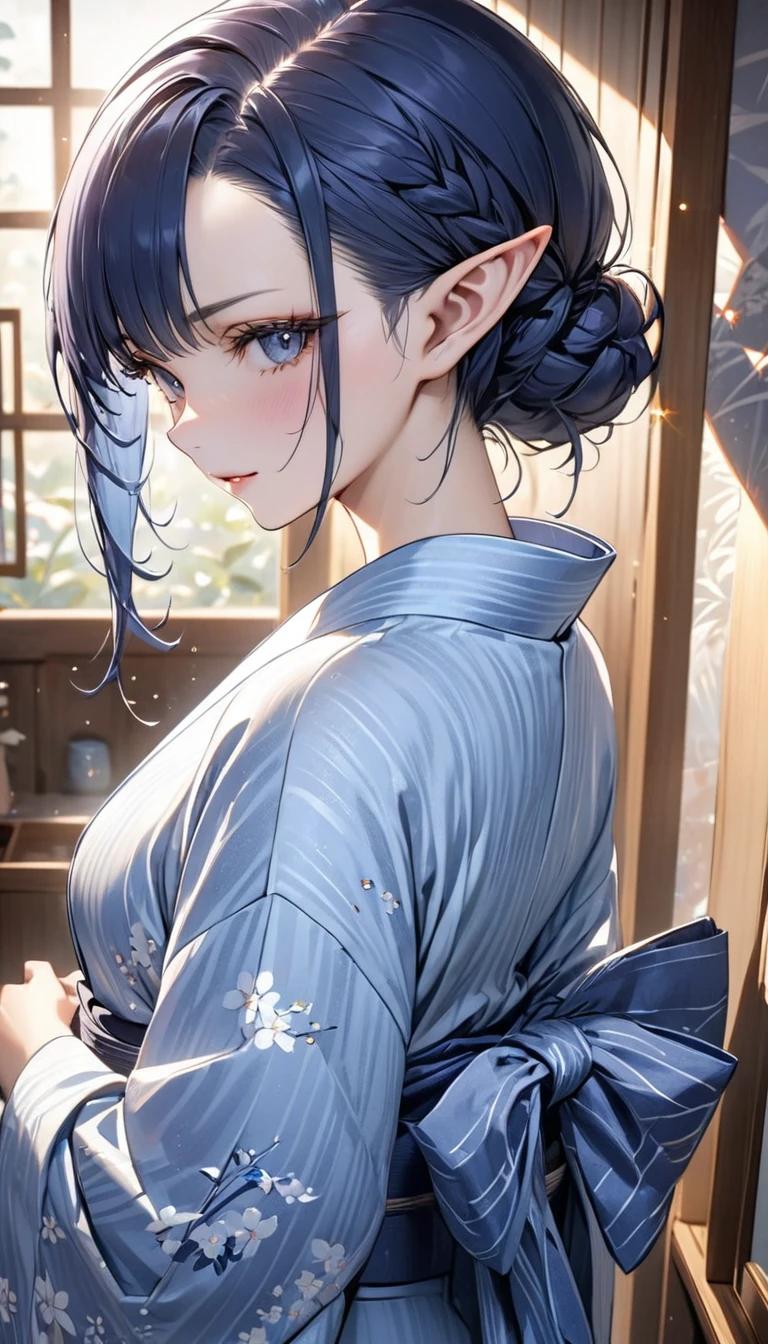 dark blue hair, short hair, bangs pinned back, long eyelashes, pointy ears, sparkle, best quality, high quality, high details, award winning, ((super detail)), textured skin, ((masterpiece)), Yukata, traditional Japanese clothing, slightly open yukata, light blue yukata