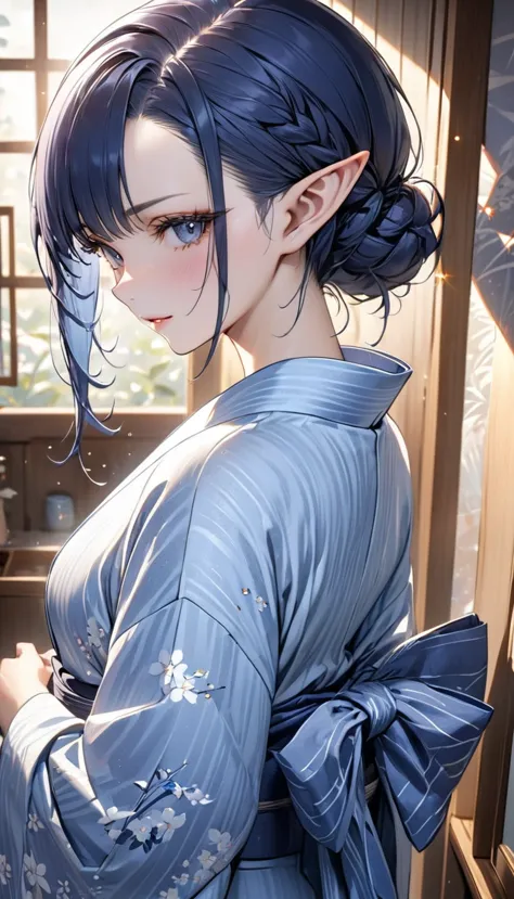 dark blue hair, short hair, bangs pinned back, long eyelashes, pointy ears, sparkle, best quality, high quality, high details, a...