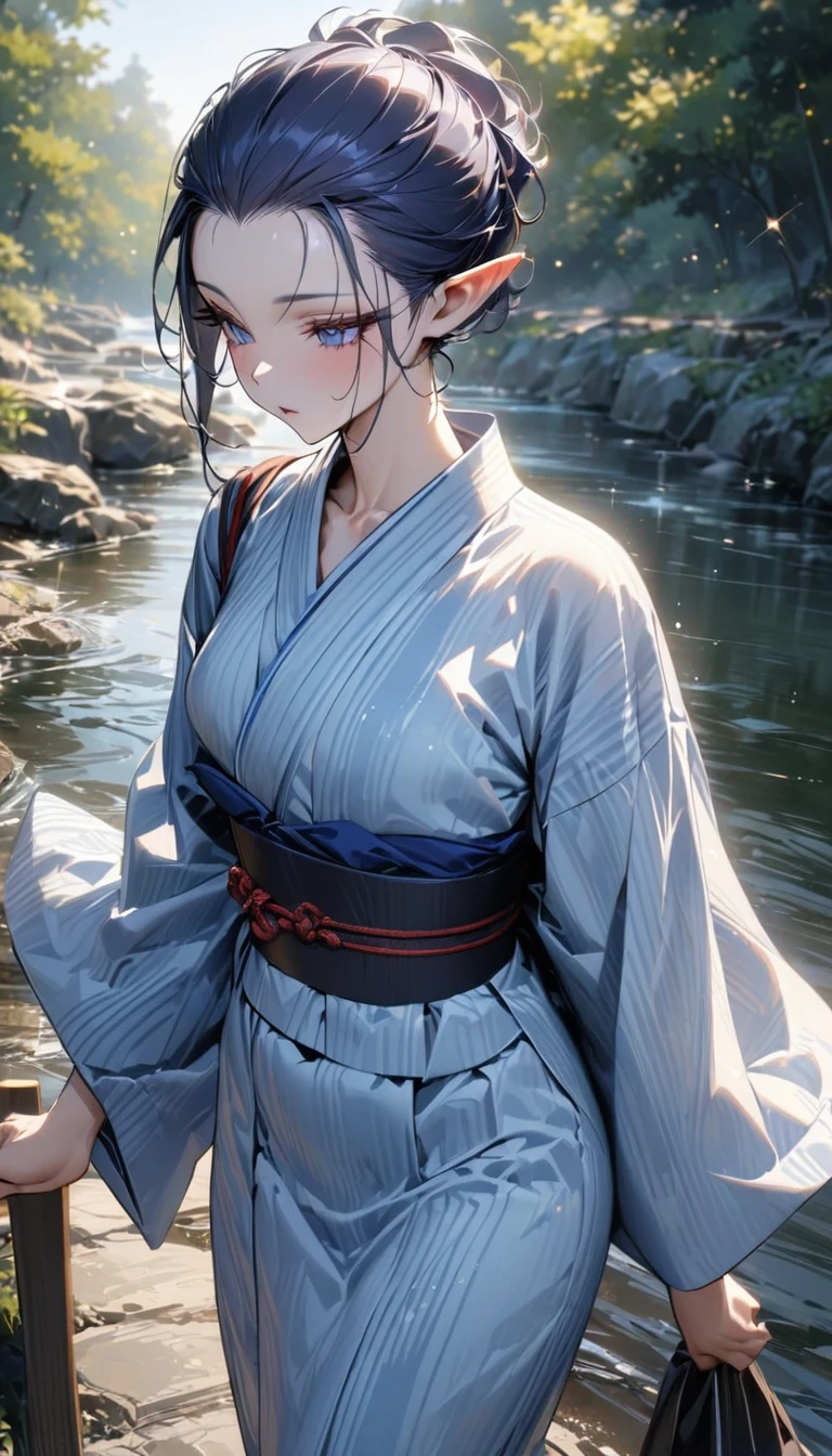 dark blue hair, short hair, bangs pinned back, long eyelashes, pointy ears, sparkle, best quality, high quality, high details, award winning, ((super detail)), textured skin, ((masterpiece)), Yukata, traditional Japanese clothing, slightly open yukata, light blue yukata, Outdoors, walking by the river