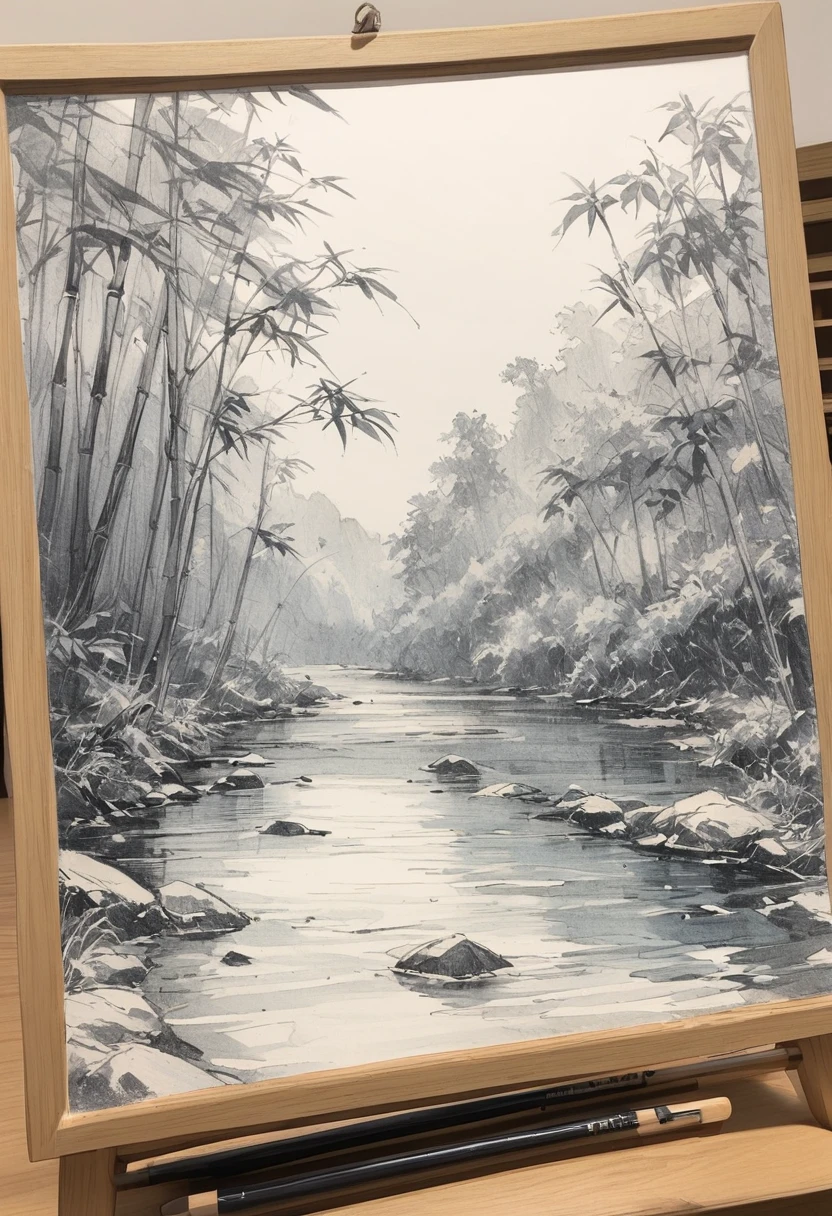 1 ,Line drawing,monochrome,（sketch:1.5、pattern、pencil drawing:1.5、board:1.5）,board，traditional media,bamboo forest，river，