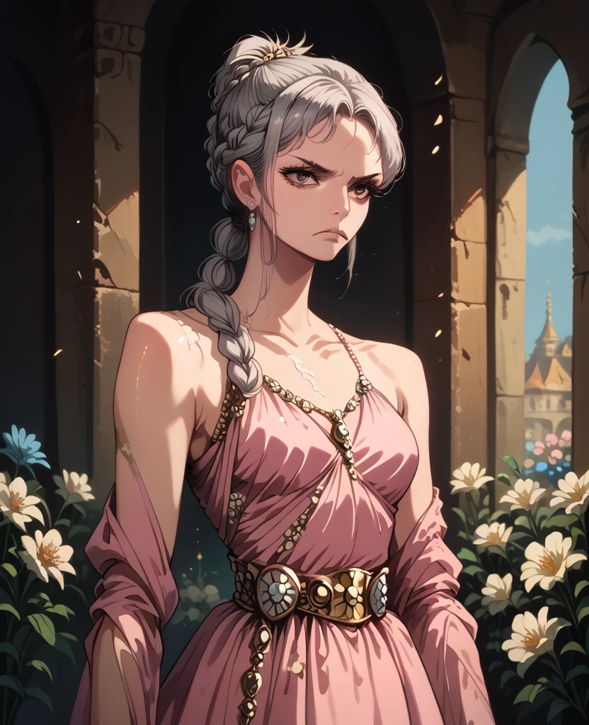 Woman, serious, warrior, armour, elegant, pink dress, aristocratic, silver elements, long nails, bare shoulders, hairstyle, hair up, braid and ponytail, messy, arrogant, absurd, detailed dress, royalty, celebration, hall decorated with flowers, cowboy shot, portrait, (best quality), (masterpiece), (highly detailed), (4k)