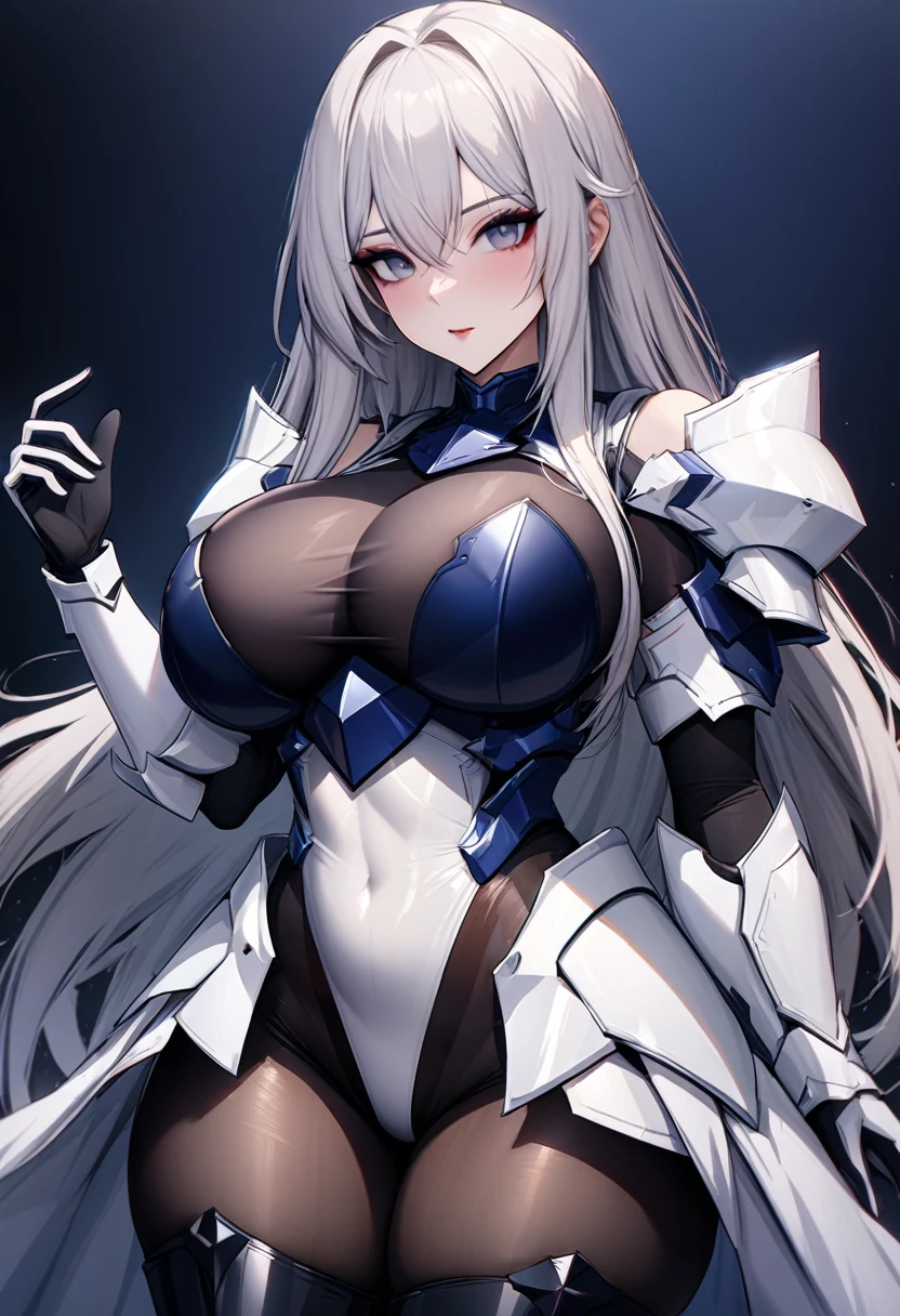 ((highest quality)), ((masterpiece)), ((hyperrealistic)), (solo), 1girl, ((curvy)), ((skindantation: 1.2)), perfect face, ((Azur Lane)), ((armored dress)), ((white paladin armor)), ((skin-tight pantyhose leotard: 1.4)), ((white knight armor breastplate)), ((skin-tight black Investigator Bodystocking)), ((pauldron)), (white long gauntlet gloves), ((silver long straight hair)), ((Big chest that looks like it's going to burst under pressure)), (tight black pantyhose thighs), ((tight thigh boots)), ((see through cleavage cutout)), ultra high leg cut, zettairyouiki, Perfect and beautiful dark blue eyes, Perfect hands, perfect fingers, makeup, cowboy shot