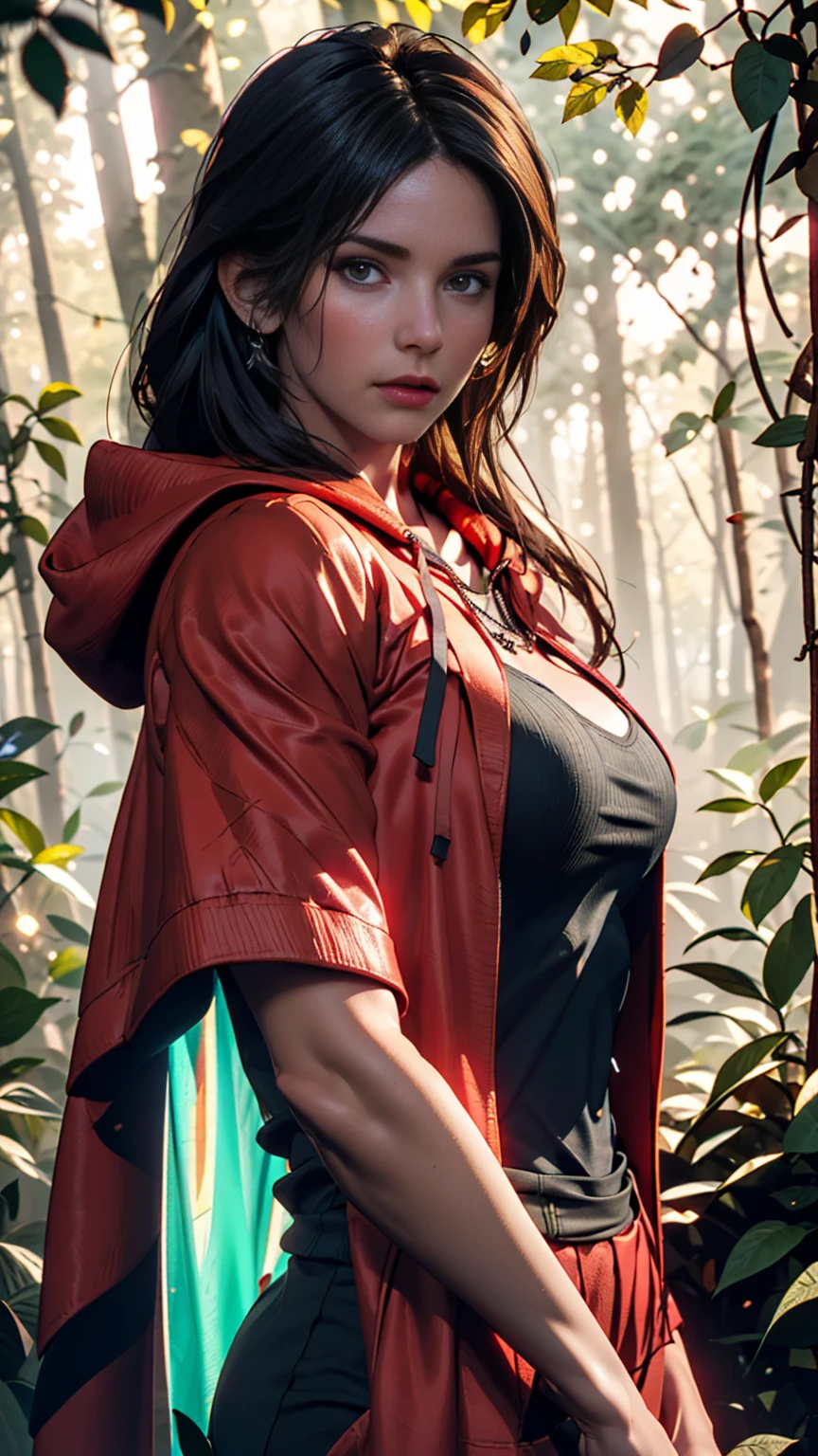 Close-up portrait of New Lara Croft in the forest, (Backlight), Realistic, masterpiece, Highest quality, ((Red hooded cloak)), ((Scared )), Lens flare, Shadow, bloom, (( Flash of light)), [chromatic aberration], by Jeremy Lipking, by Antonio J. Manzanado, by (Alphonse Mucha), Digital Painting