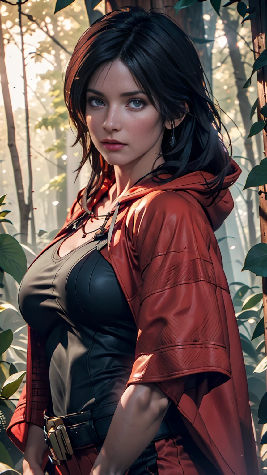 Close-up portrait of New Lara Croft in the forest, (Backlight), Realistic, masterpiece, Highest quality, ((Red hooded cloak)), ((Scared )), Lens flare, Shadow, bloom, (( Flash of light)), [chromatic aberration], by Jeremy Lipking, by Antonio J. Manzanado, by (Alphonse Mucha), Digital Painting